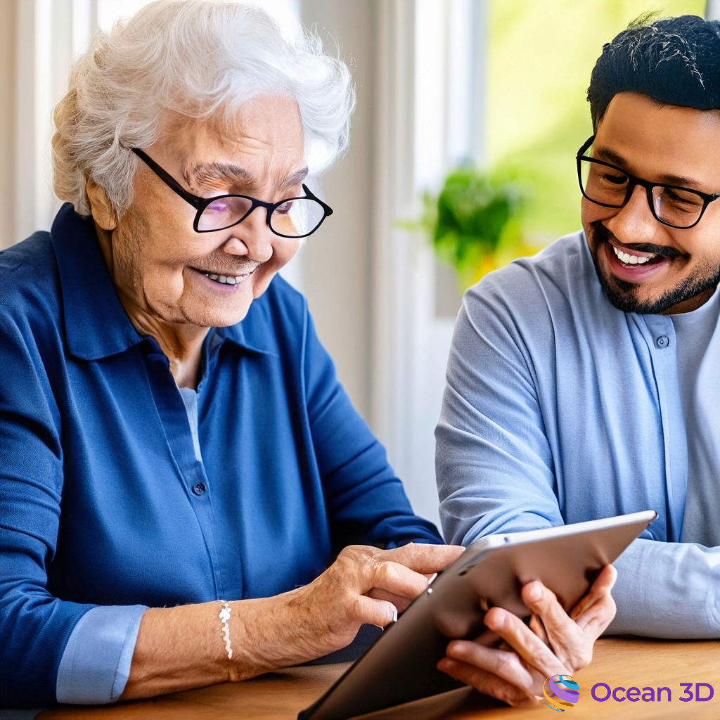 an elderly lady looking at a tablet with a family member, friend or carer sat next to her.