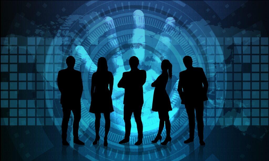 network-security-digital-illustration 5 silhouettes of people against a background of a large hald, palm facing outwards with fingers stretched up and out
