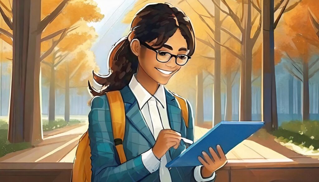 an artistic view of a happy and engaged student looking at a tablet device. Education with VR - The Impact of Virtual Tours on Learning