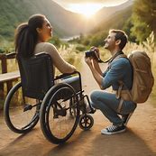A disabled person using a wheelchair enjoying a hiking trail with an interactive tour guide