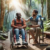 A disabled person using a wheelchair enjoying a hiking trail with an interactive tour guide. Image 2 of 4