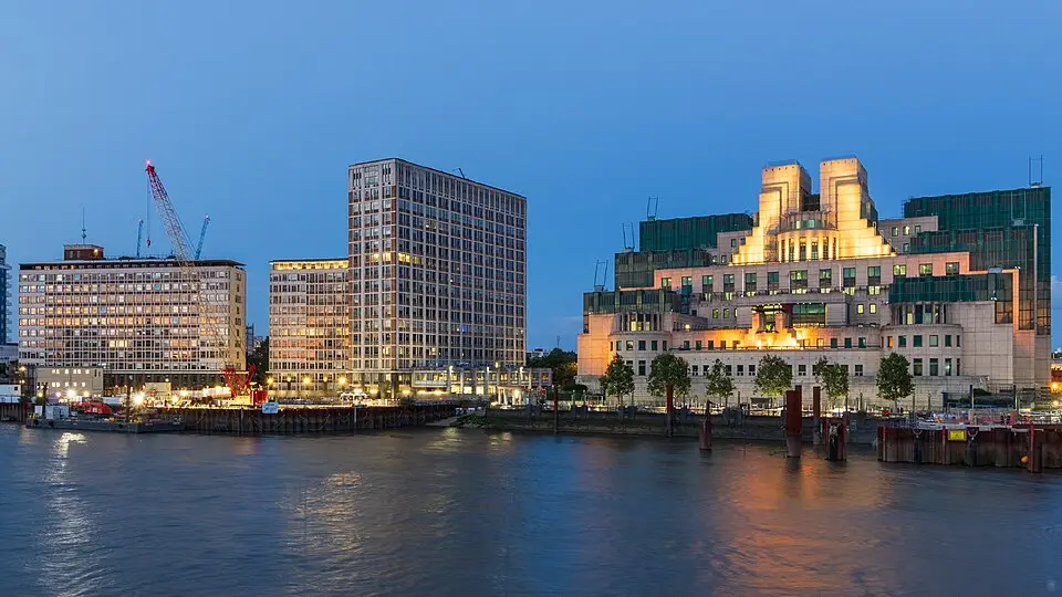 Buildings in Vauxhall on the south bank of the Thames. Left to right: Tintagel House, Camelford House, MI6 Building. Viewed from Vauxhall Bridge.